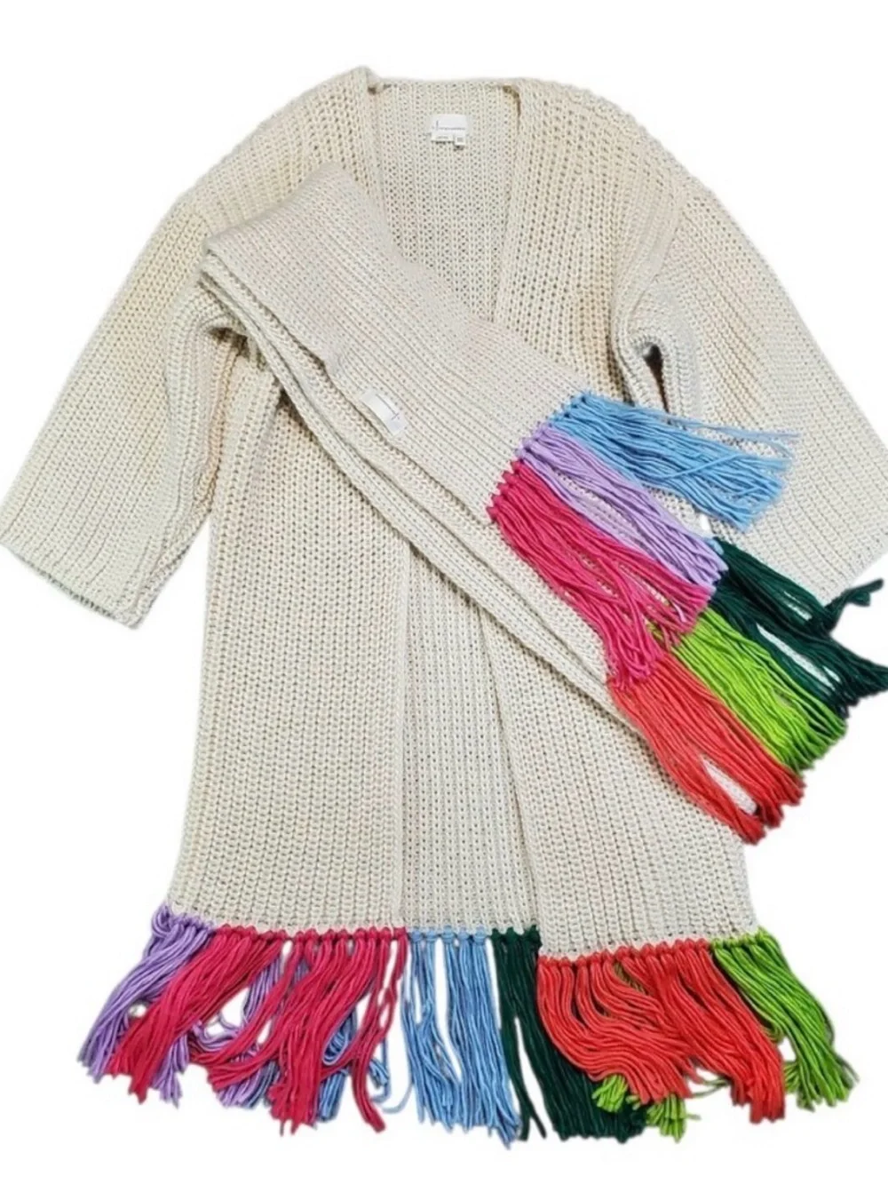 By Anthropologie Long Cardigan + Scarf Set Ivory Rainbow Fringe One Size